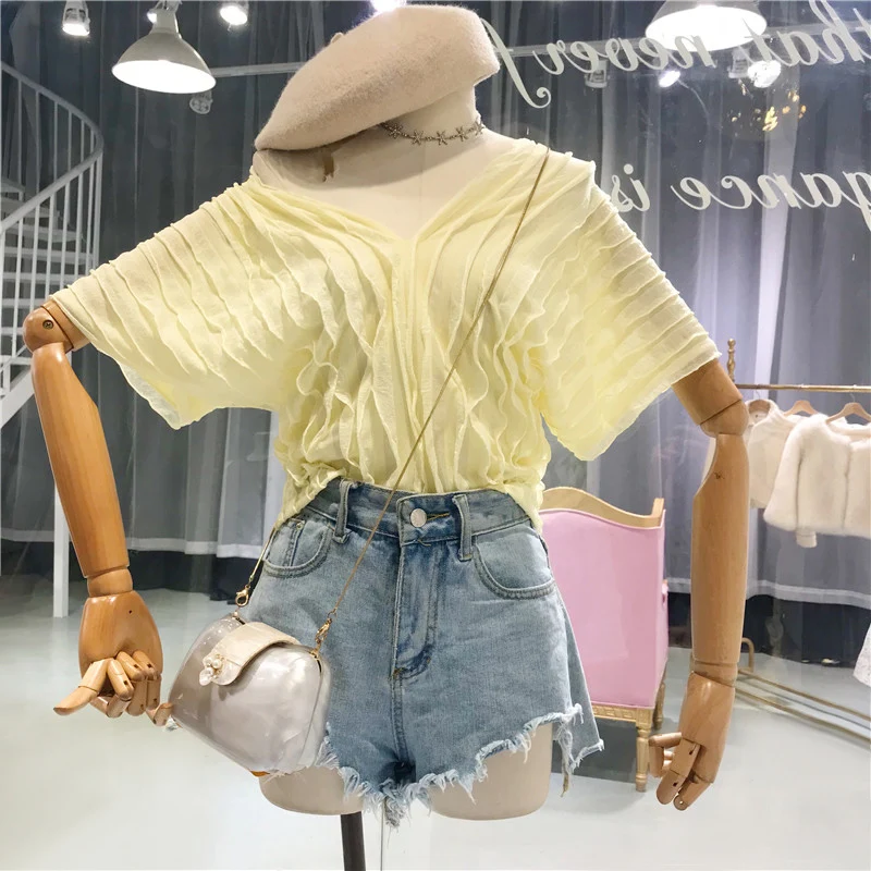 Женская шифоновая блузка ALPHALMODA летняя Свободная с треугольным вырезом | одежда
