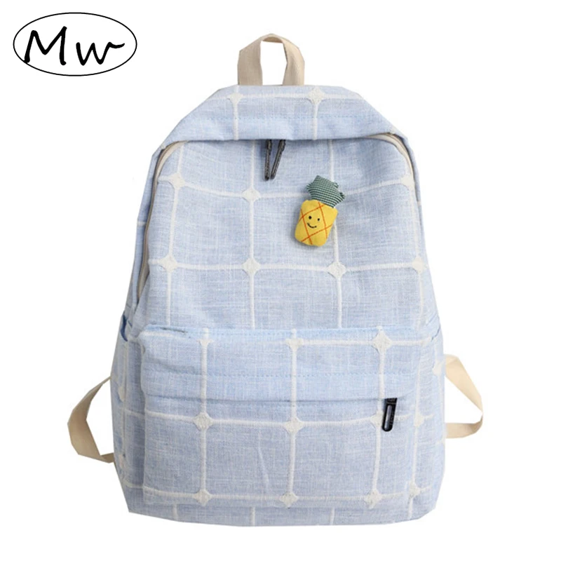 Женский рюкзак из хлопка и льна в шотландскую клетку синего/розового