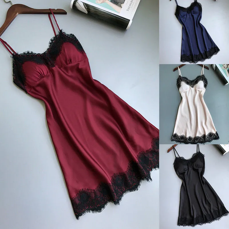 

Hot Backless Spaghetti Strap Sexy Lace Thin Silk Dress Women Sleeveless V-Neck Summer Home Dress Solid Color Elegant Party Dress