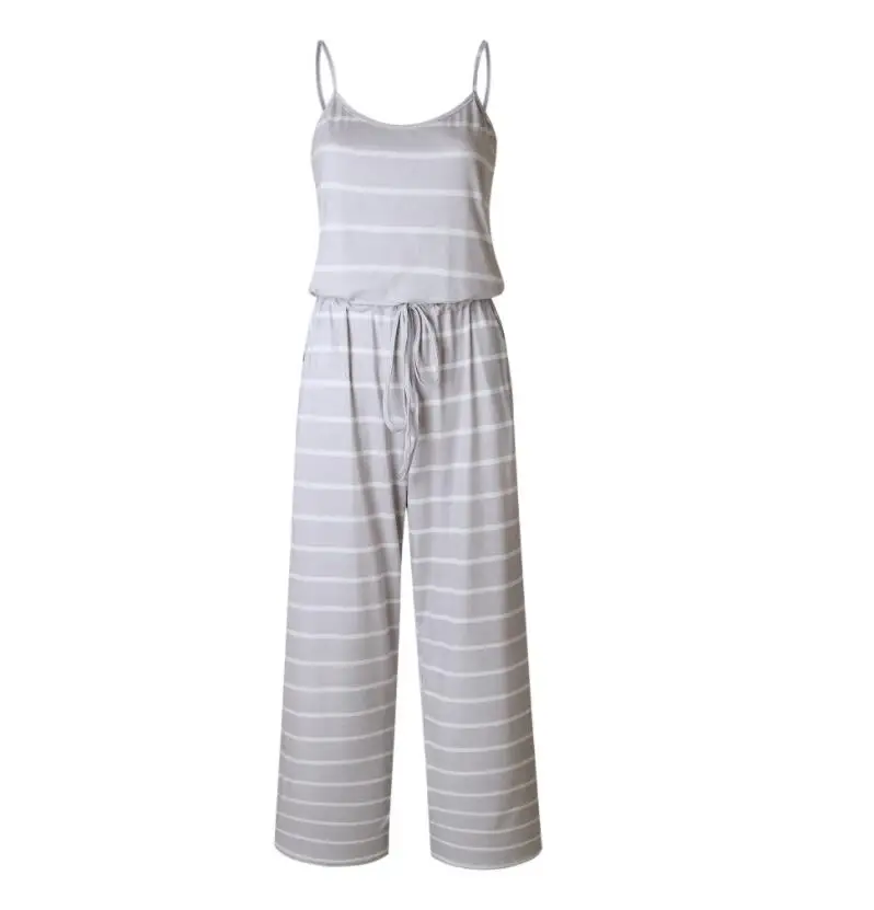 0916 GREY STRIPE S-3XL Плюс Размер Сарафан Повседневная Весна Лето Комбинезоны Сексуальная Рукавов Плотно Талия Цветочный Печати Свободные Брюки Женские Комбинезоны Красный - Цвет: 0916 GREY STRIPE