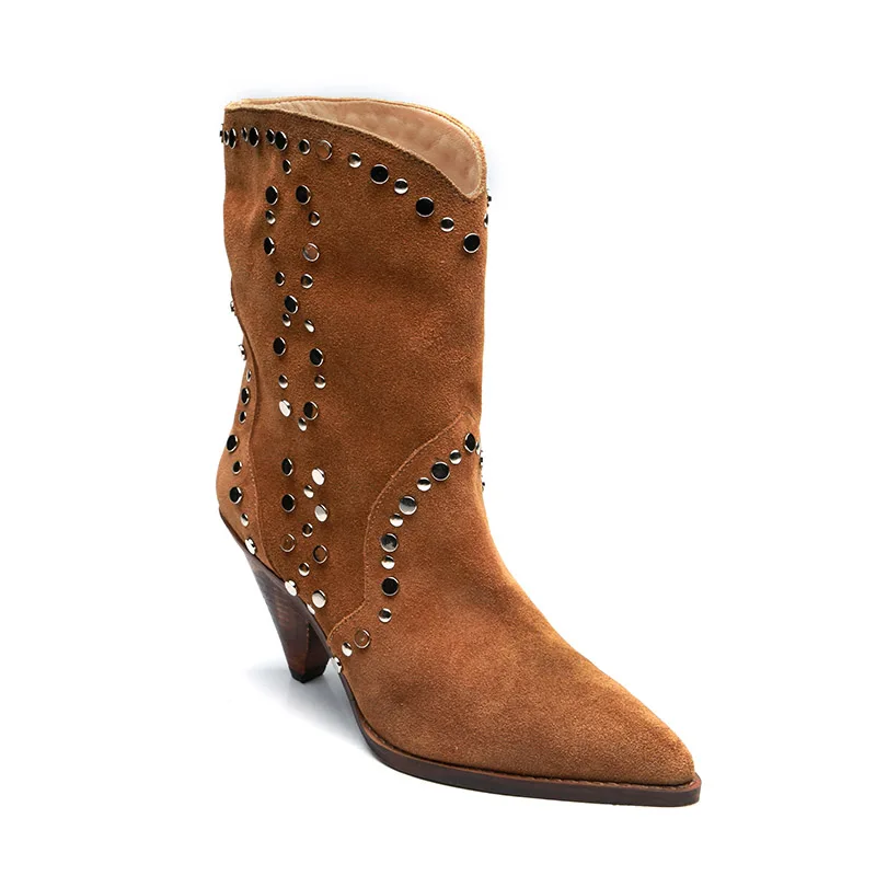 Qianruiti Chaussures Femme коричневые замшевые туфли с заклепками ботинки без застежки