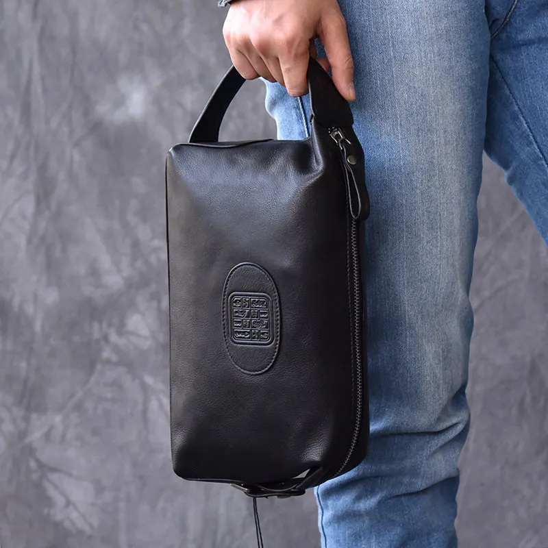 New Retro Genuine Leather Men's Clutch Bag Leather Handbag Large Capacity Hand Bag Male Card Holder Moblie Phone Bags Black Soft