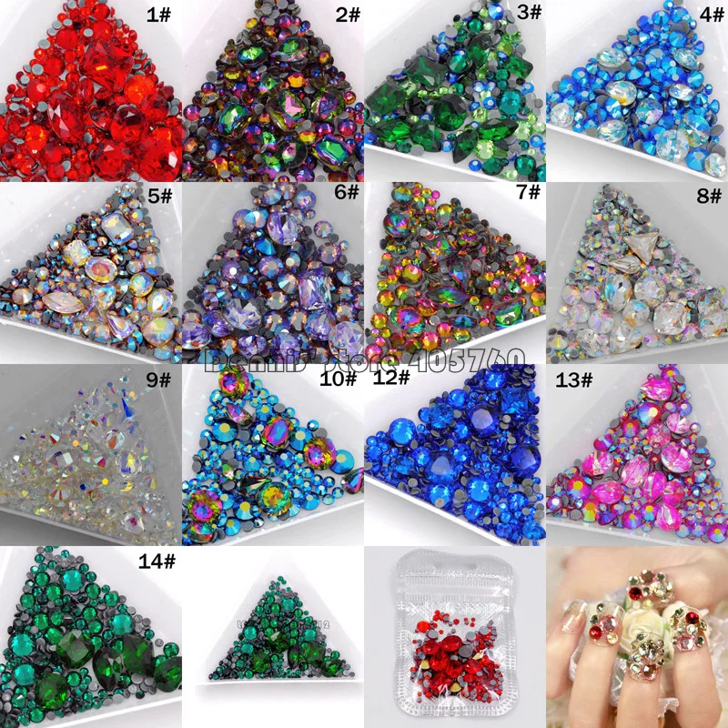  - 1Pack Mix Sizes Mix Shape Multi-Colored Glitter 3D Diamond Facet Flat Back Rhinestones Acrylic Nail Art Crystal Gems Decoration