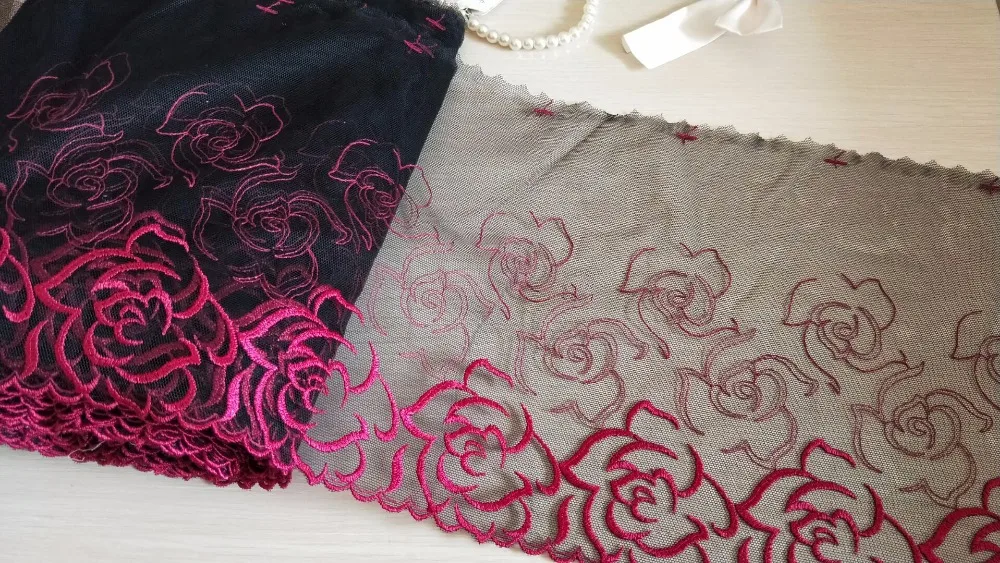 2 ярда кружевная отделка горячие розовые цветы вышитые черные тюлевые кружева