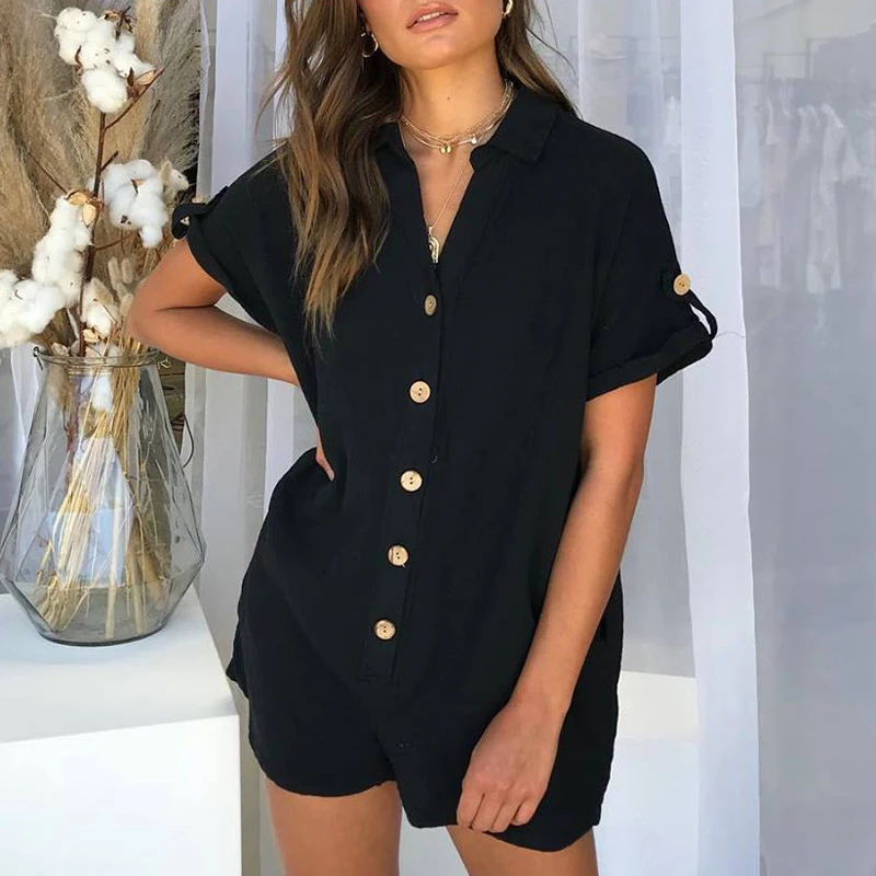 Женский пляжный комбинезон на пуговицах с коротким рукавом|Комбинезоны c