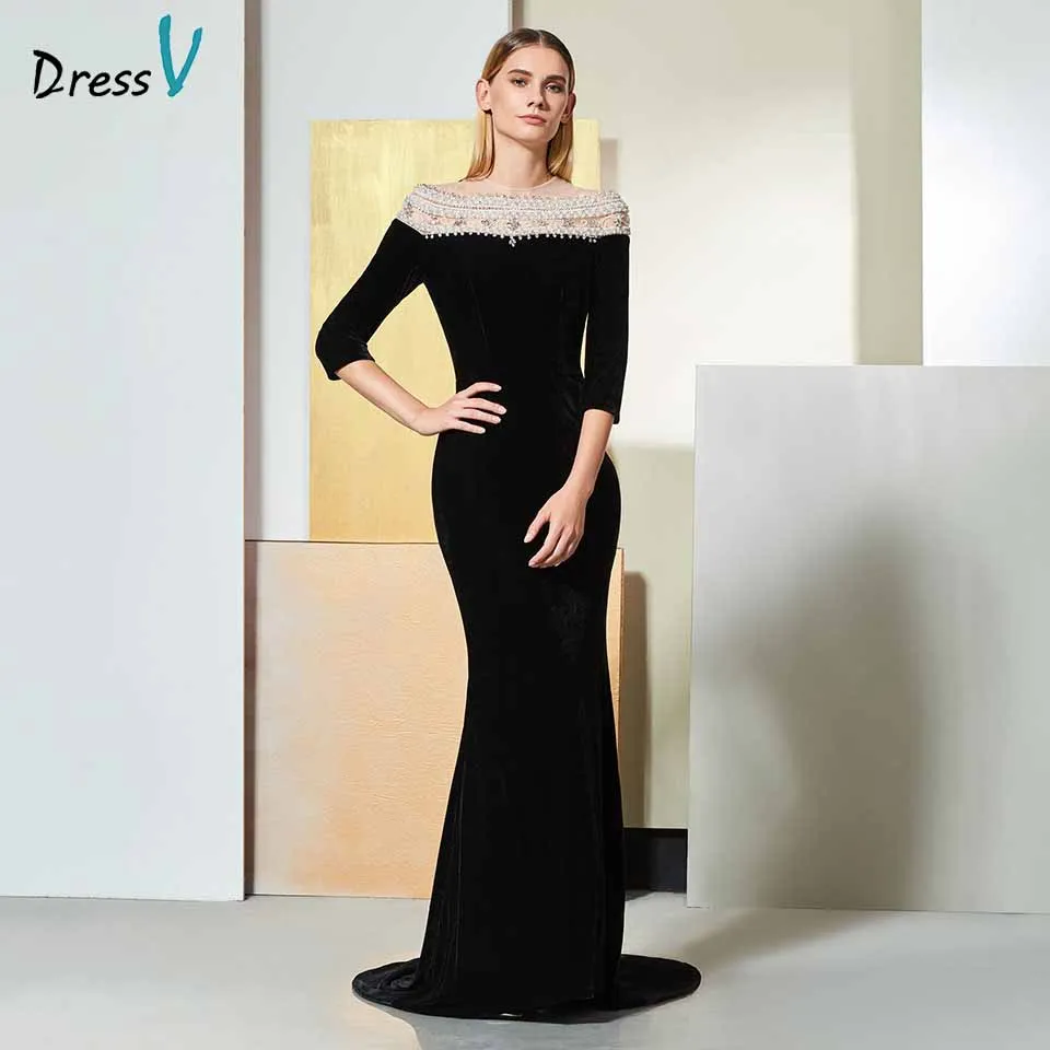 Dressv черное элегантное вечернее платье с рукавами три четверти бусинами пуговица