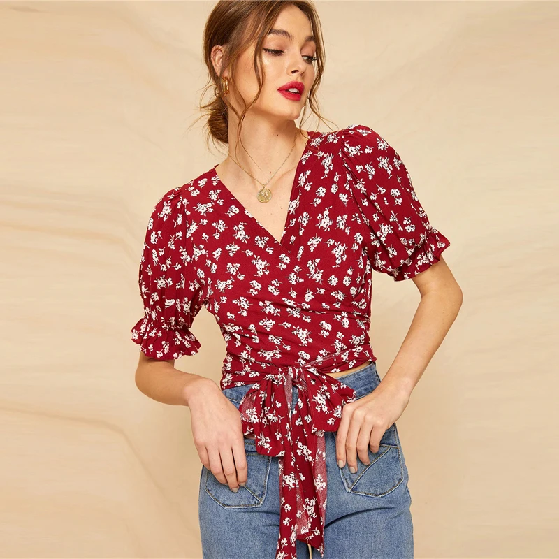 Dotfashion, бордовая Цветочная блузка с завязками спереди, женская рубашка, лето, бохо, v-образный вырез, пышные рукава, одежда для девушек, кроп-топы
