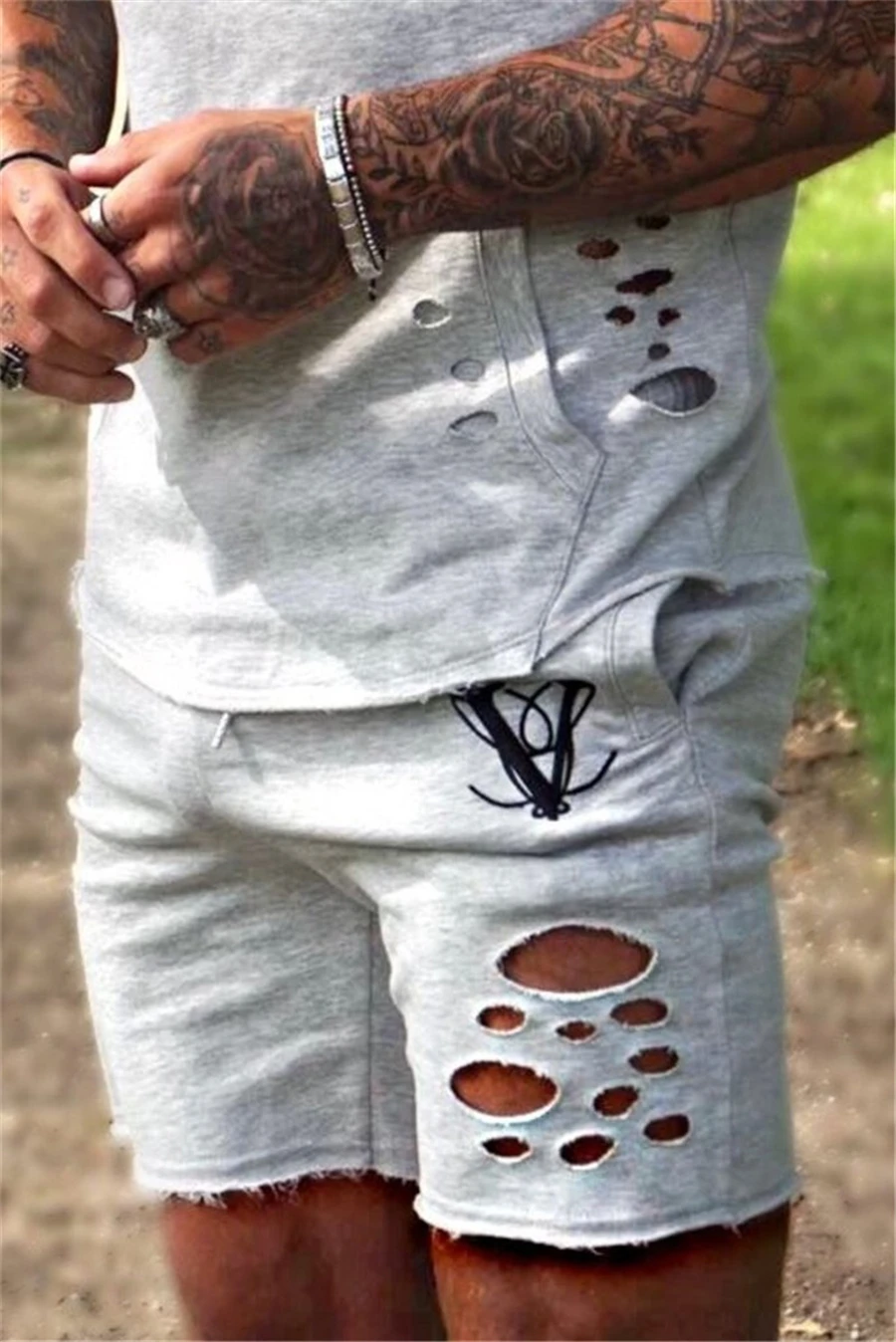 sporting slim fit sets mens Jogger Fashion broken design tracksuit Men's Sportwear Suit Hoodies+shorts Tracksuit Set Male