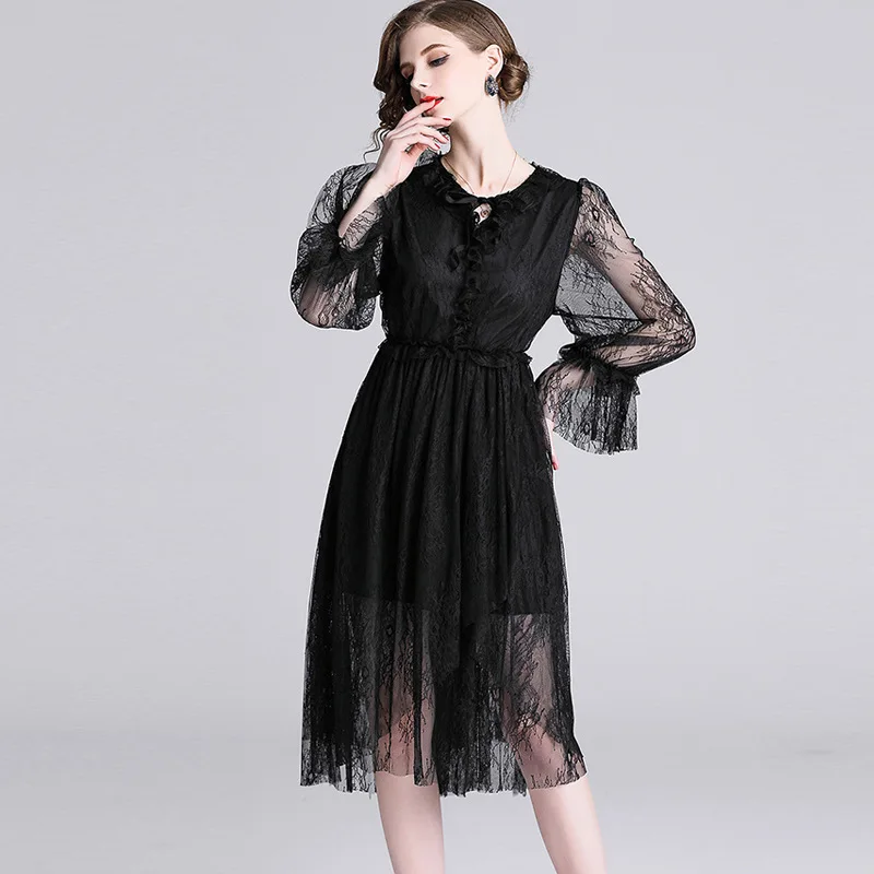 2019 летнее кружевное черное платье с круглым вырезом и бантом оборками модное