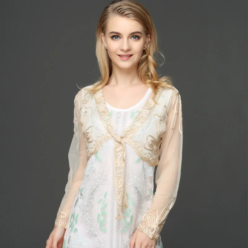 Шаль Женская Кружевная летняя короткая с цветочной вышивкой и длинным рукавом |