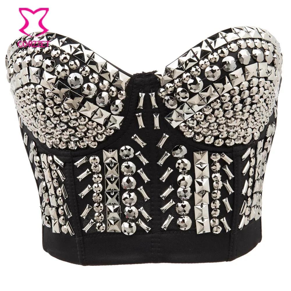 

Silver Gems&Beading Punk Rock Gothic Bralette Bustier Crop Top Soutien Gorge Bras For Women Push Up Bra Sexy Clubwear Dance Wear