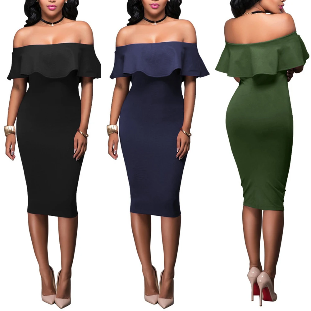 New Summer Party Women Sexy Off Shoulder Layered Flounce Ruffle Midi Bodycon Dress