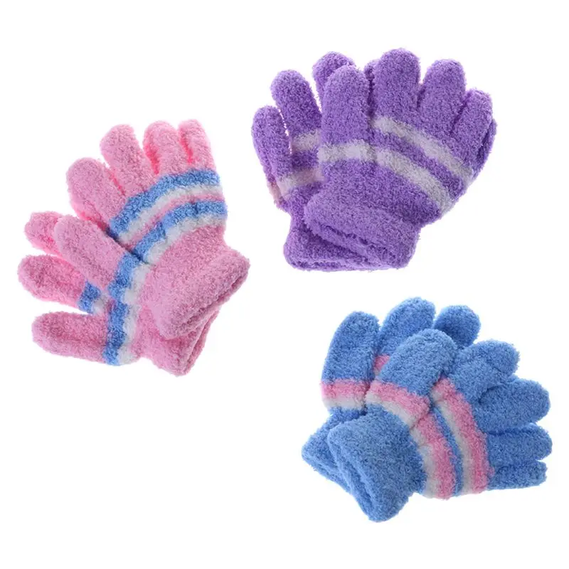 Baby Gloves Warm Winter Full Finger Thermal Coral Fleece Kids Colorful Stripe Soft Elastic Solid Color Mittens | Детская одежда и