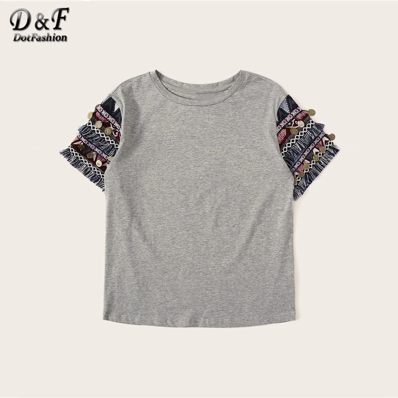 Dotfashion ацтекская серая футболка с бахромой, женская футболка, летние топы в стиле бохо с коротким рукавом, женская одежда, корейская модная футболка