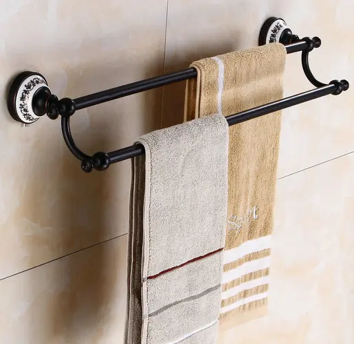 Towel Bars Медные Аксессуары для ванной комнаты, черный держатель для туалетной бумаги, керамическая основа, Квадратные двойные полки, ретро Роскошные Защитные рельсы - Цвет: Towel Bars