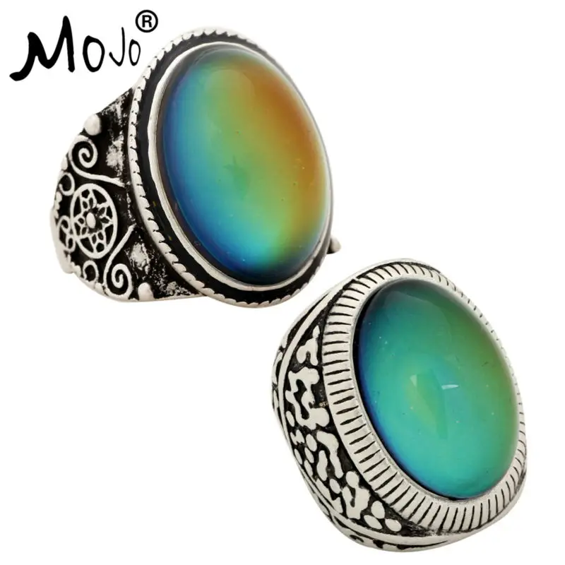 

2PCS Antique Silver Plated Color Changing Mood Rings Changing Color Temperature Emotion Feeling Rings Set For Women/Men 004-031