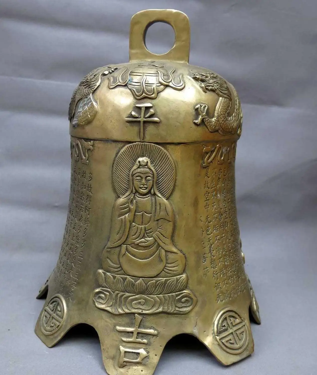 16 &quotКитай латунь скульптура медь дракон феникс три Западные Saints белл Статуя|statue