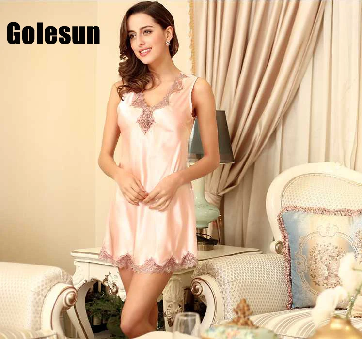 

Summer Polyester deep v-neck sleepshirts singlet hollow lace nightgown slim women's sleep lounge women's clothing