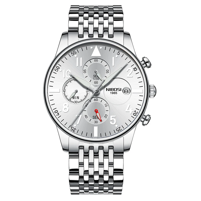 Silver white s Rologios Masculinos NIBOSI мужские часы Топ люксовый бренд Мужские стальной браслет Кварцевые часы аналоговые наручные часы водонепроницаемые Saat - Цвет: Silver white s