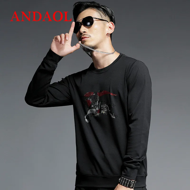 

ANDAOL Men Harajuku Hoodies Sweatshirts Top Quality Slim Hot Drilling Print Long-Sleeved Cotton Hoody New O-Neck Pullover Coats