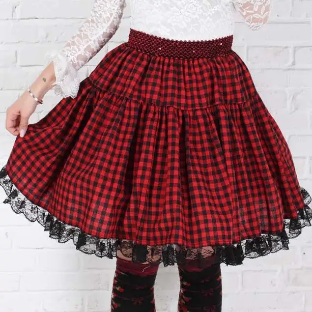 

Women Midi Skirts Red Plaid Knee Length Female Japanese Sweet Pleated Lace Hem Elastic Waist High Quality Lolita Cosplay Bottoms