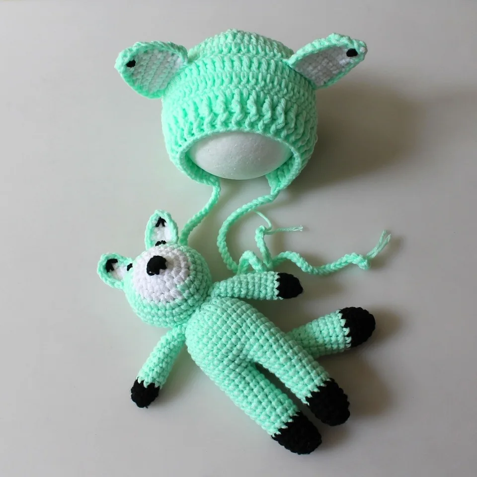 Mint Green Реквизит для фотосъемки новорожденных; милый костюм с животными; вязаная шапка в форме лисы с ушками+ набор кукол-игрушек с лисой; аксессуары для фотосъемки детей - Цвет: Mint Green