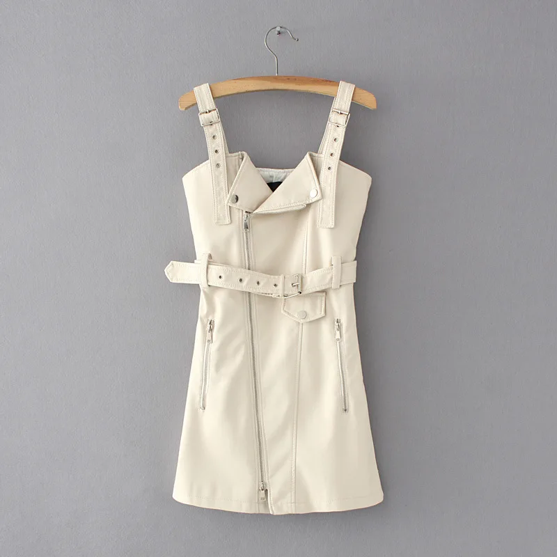 2018 PU Leather Women Dress Spring Summer Fashion Sashes Zipper Vintage Mini Dresses Slim Sexy V Neck Short Sundress | Женская одежда