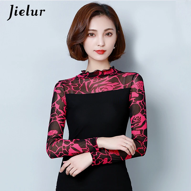 Jielur 2019 модная Осенняя женская футболка сетчатая с длинным рукавом Повседневная