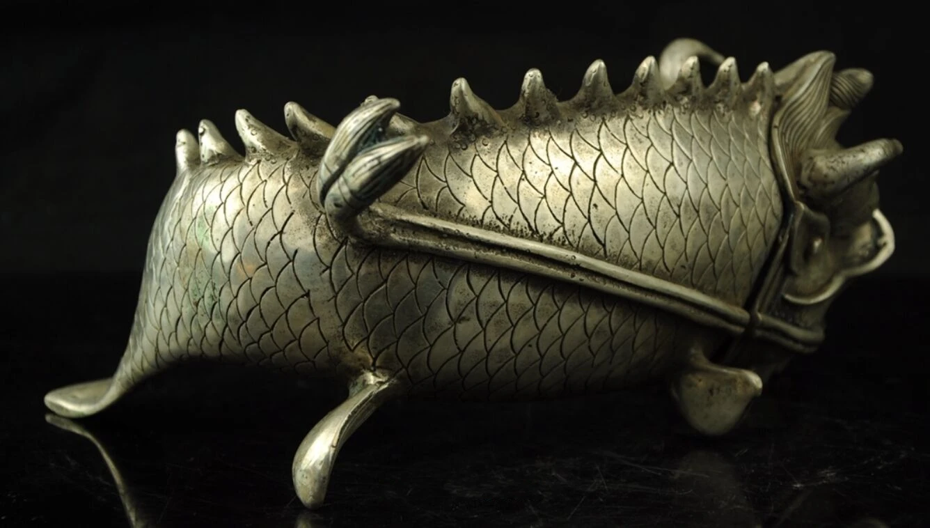 

Collectibles Chinese Miao Silver-made Dragon Head Fish Censer Incense Burner Statue