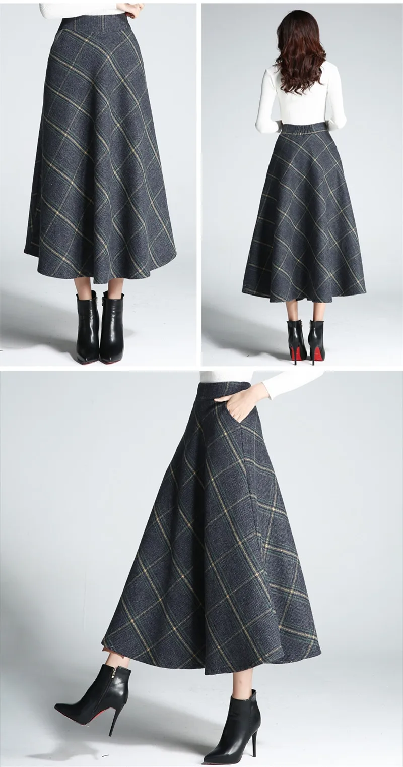 Women Skirts Autumn Winter High Waist Warm Thick Wool Blends Plaid Elegant Pleated Patchwork Chic Pocket Long Skirts Female