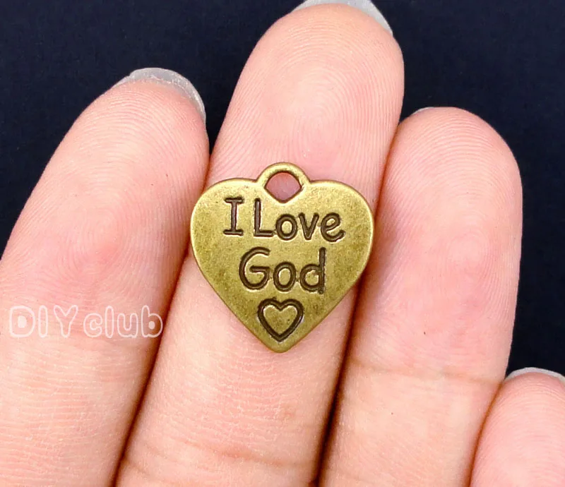 

80pcs-антикварная бронзовая подвеска в виде сердца I Love God 17x17мм