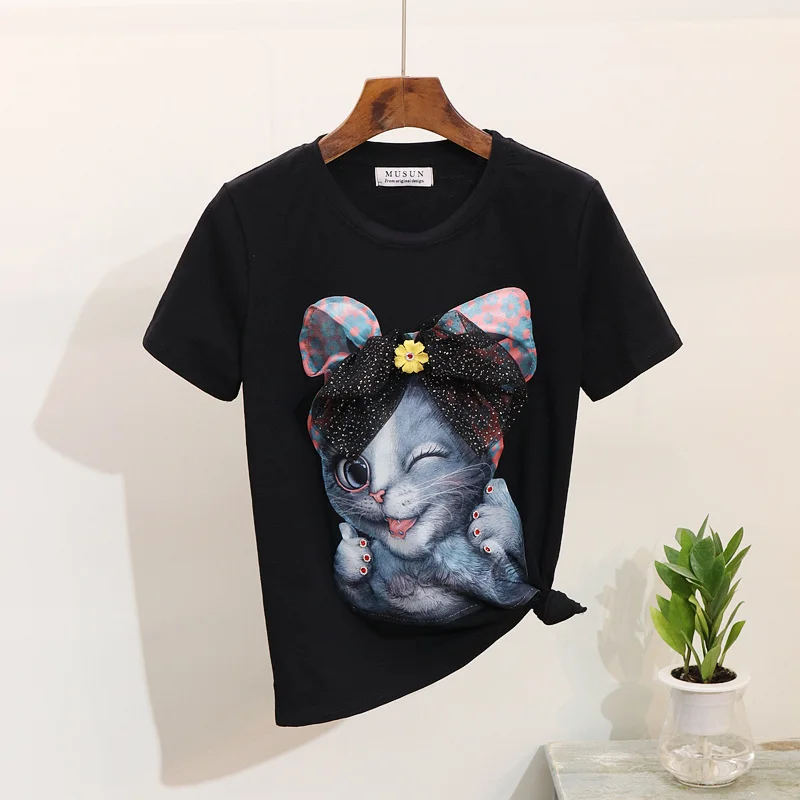 ALPHALMOD/Европейская и американская мода; Милая футболка с короткими рукавами и шипами с рисунком кота; аккуратные рваные джинсы; брюки; модная одежда