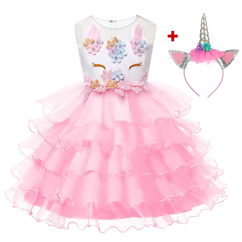 A002 Pink 2 pcs Рождественское платье с единорогом для девочек; Детские платья принцессы для девочек; свадебные платья; Косплей; вечерние платья с единорогом для девочек; vestidos - Цвет: A002 Pink 2 pcs