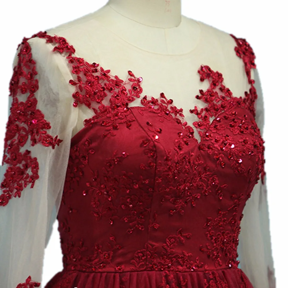 Анти бордовое кружевное вечернее платье с длинным рукавом vestido de festa бусины А-силуэта платье с аппликацией de Soiree Формальное вечернее Вечерние