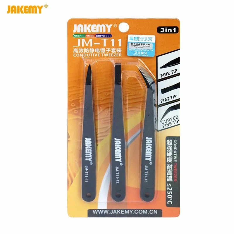 

Набор пинцетов JAKEMY JM-T11 3 в 1, термостойкие, плоские, изогнутые, набор пинцетов для iPhone, Samsung, ноутбуков, ремонта печатных плат