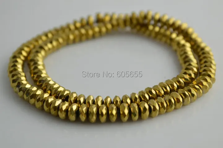 

3x6mm Gold Color Plated Natural Faceted Hematite Rondelle Button Neckalce Spacer Beads 10 strands per lot Free Shipping