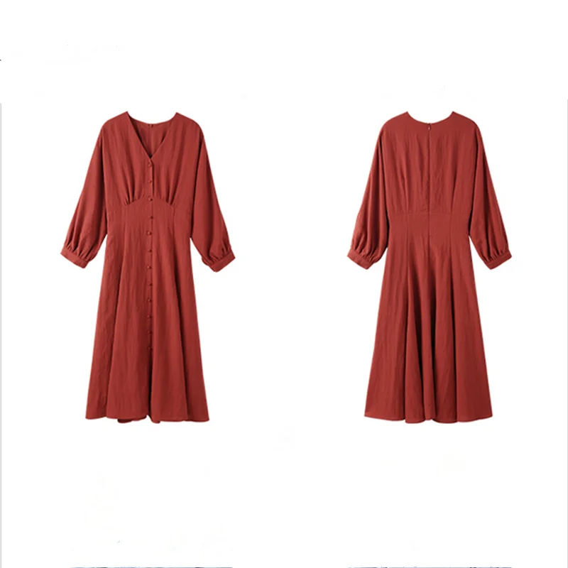 

Flectit 2019 Spring Summer Vintage French Style Dresses 3/4 Sleeve Banded Waist Button Front V-neck Linen Dress Womens Saia *