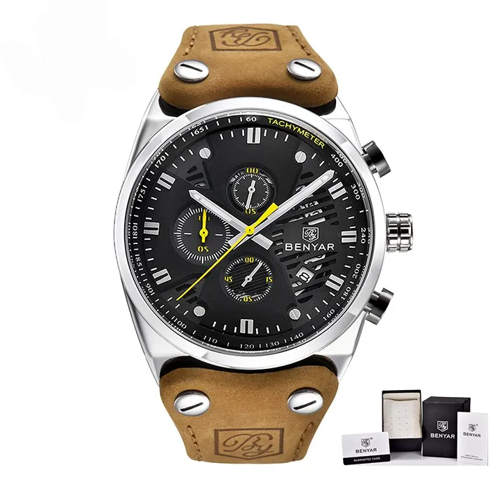 silver yellow Benyar Брендовые мужские часы 30 м водонепроницаемые кварцевые часы деловые мужские кожаные часы Авто Дата наручные часы Relojes - Цвет: silver yellow