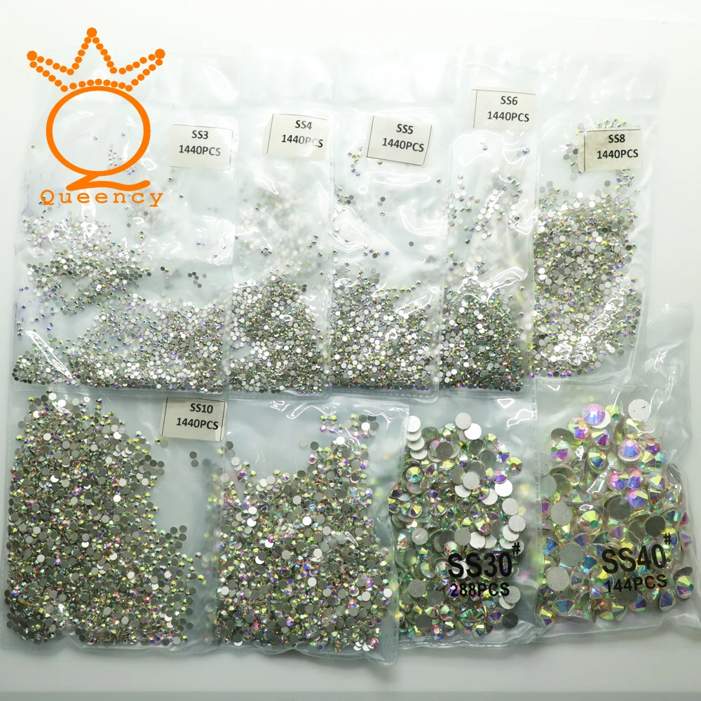 

SS3-SS40 Crystal AB 3d Nail Art Decorations Rhinestones for Nails Non Hot Fix Charm Stones all For Nail Design Gems