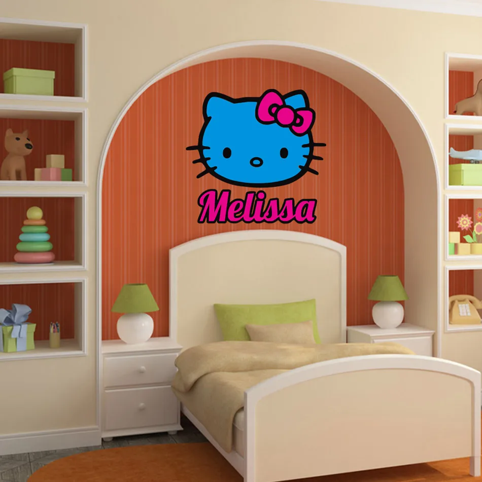 Персонализированные Имя hello kitty наклейки на стену девочки стикер стены для