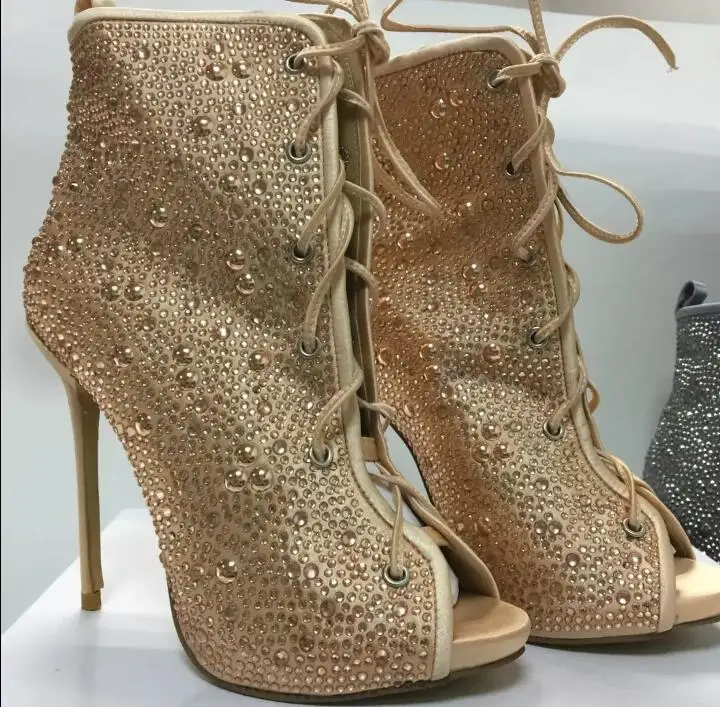 hot sale woman lace up high heel boots rhinestones peep toe ankle |
