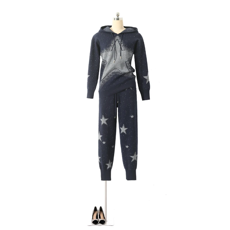 2 шт./комплект Женский вязаный пуловер с капюшоном и брюки |