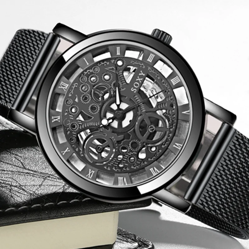 

SOXY Men's Watches Top Brand Luxury Hollow Watch Men Fashion Sports Stainless Steel Mesh Strap Ultra Thin Wrist Watch Clock