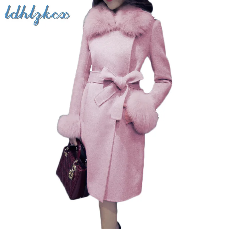 Pink Зимнее женское пальто, большие размеры, длинные шерстяные куртки, новинка, корейские офисные куртки с бантом, Регулируемая Талия, плюс плотные теплые пальто для женщин LD701 - Цвет: Pink