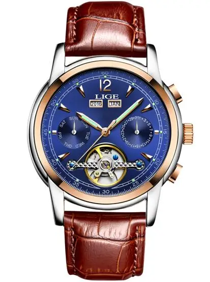 gold blue L Модные женские часы Топ бренд Luxruy LIGE автоматические часы женские водонепроницаемые спортивные часы женские кожаные деловые наручные часы - Цвет: gold blue L