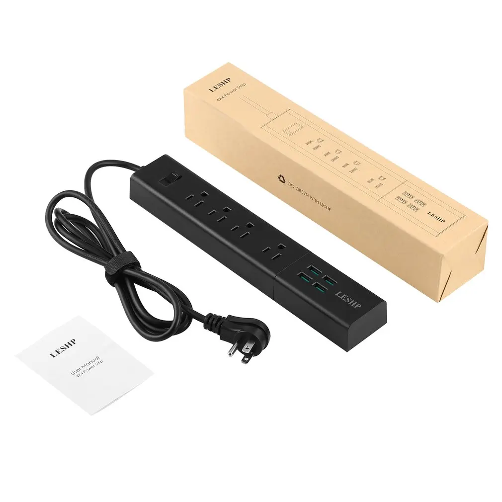 Сетевой фильтр LESHP с 4 розетками прямоугольная плоская вилка USB портами для