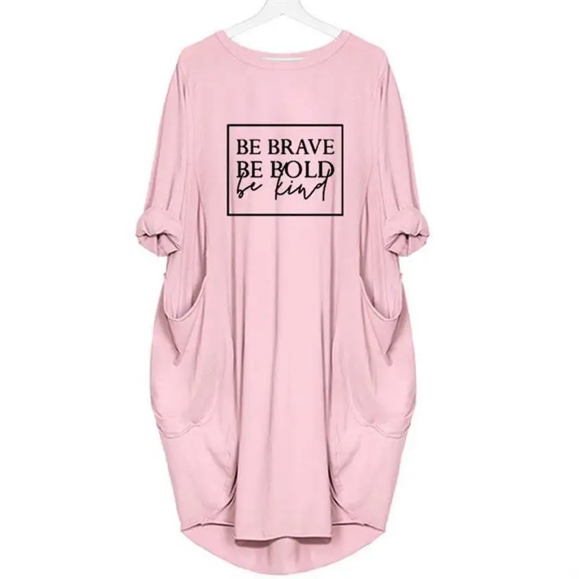 Модная футболка с карманом для женщин с надписью Be Brave Harajuku, футболка с длинным рукавом, топы с открытыми плечами, графические футболки - Цвет: Pink