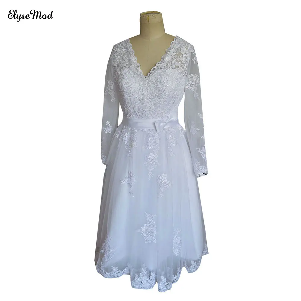 

Real Photo A-Line V-Neck Long Sleeves Lace Custom Made Wedding Party Dresses Knee Length Custom Made White Cocktail Dresses