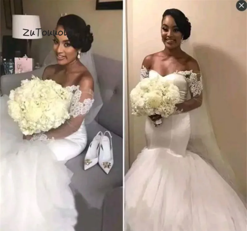 Свадебное платье Русалочки с открытыми плечами в африканском стиле чистый белый