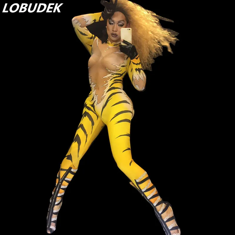 Tiger pattern printing Crystal Jumpsuit Acrobatics Stage Show Costume Nightclub Female DJ Singer DS Performance Clothes Bodysuit